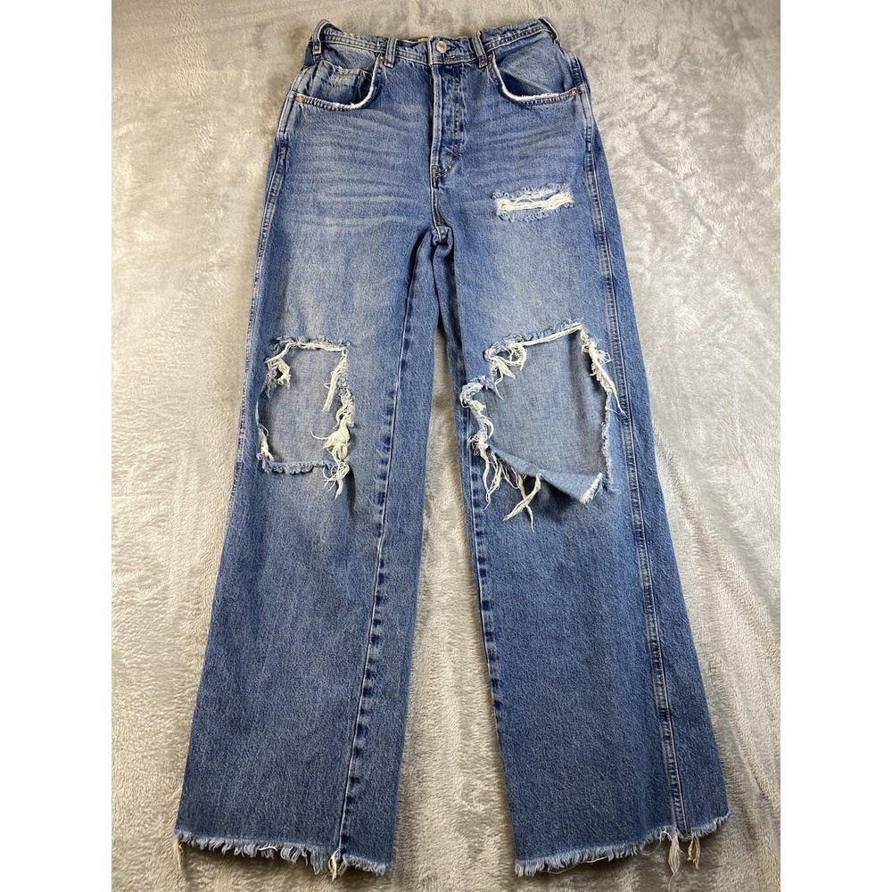 We The Free jeans Women's Button Fly Distressed Wide Leg Sz25 Blue Denim Raw Hem